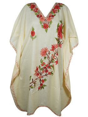 Women Caftan Pale Peach Dress, Cotton Embroidered Leisure Wear, Short Kimono Dresses L-2X
