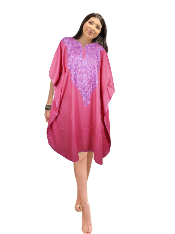 Women Caftan Dress, Cotton Embroidered Pink, Leisure Wear, Hostess Dresses, L-2X