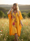 Women’s Yellow Cotton Embroidered Caftan Dress – Boho Leisure Wear Hostess Kaftan  L-2X