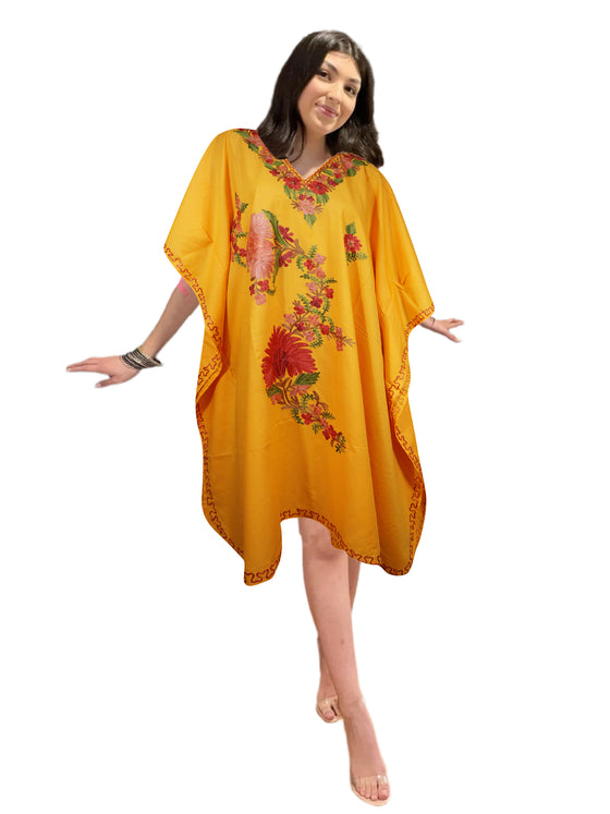 Women Cotton Embroidered Yellow Leisure Wear Caftan Dress, Hostess Dresses L-2X