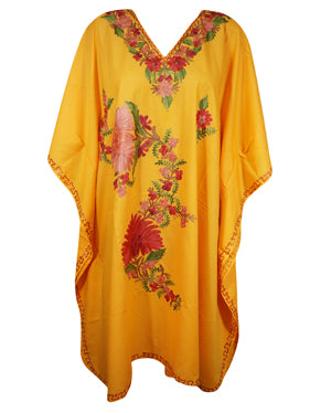 Women Cotton Embroidered Yellow Leisure Wear Caftan Dress, Hostess Dresses L-2X