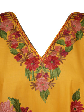 Women Cotton Embroidered Yellow Leisure Wear Caftan Dress, Hostess Dresses L-2X