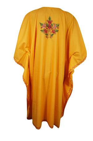 Women Cotton Embroidered Yellow Leisure Wear Caftan Dress, Hostess Dresses L-2X