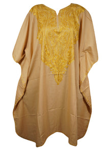 Women Caftan Dress, Cotton Embroidered Beige, Leisure Wear, Hostess Dresses, L-2X