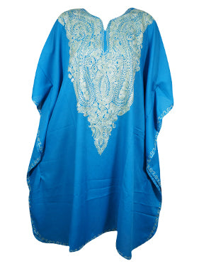 Women Caftan Dress, Cotton Embroidered Blue Leisure Wear, Hostess Dresses L-2X