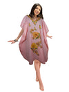 Women's Muumuu Caftan Short Dress, Cotton Rose Pink Embroidered Leisure Wear L-2X