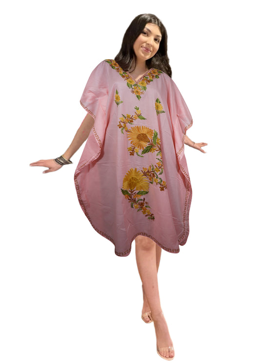 Women's Muumuu Caftan Short Dress, Cotton Rose Pink Embroidered Leisure Wear L-2X