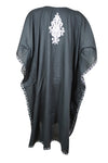 Women's Mid Night Black Muumuu Caftan Short Dress, Cotton Embroidered Leisure Wear L-2X