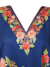 Women's Mid Night Blue Muumuu Caftan Short Dress, Cotton Embroidered Leisure Wear L-2X
