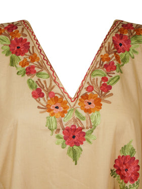 Women Cotton Embroidered Peach, Leisure Wear, Caftan Dress, Hostess Dresses, L-2X