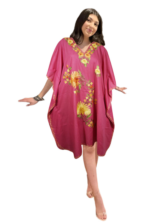Women Cotton Embroidered Pink, Leisure Wear, Caftan Dress, Hostess Dresses L-2X