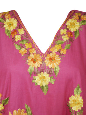 Women Cotton Embroidered Pink, Leisure Wear, Caftan Dress, Hostess Dresses L-2X