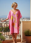 Women’s Pink Cotton Floral Embroidered Short Caftan Dress – Muumuu Leisure Wear, L-2X