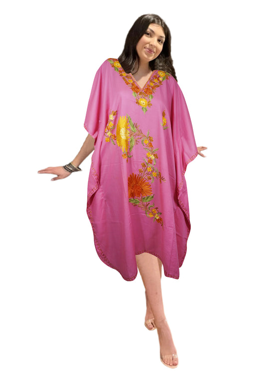 Women's Pink Cotton Floral Embroidered Leisure Wear, Muumuu Caftan Short Dress L-2X
