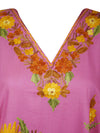 Women's Pink Cotton Floral Embroidered Leisure Wear, Muumuu Caftan Short Dress L-2X