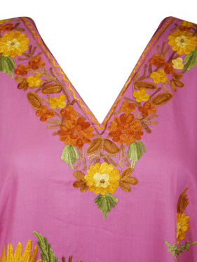 Women's Pink Cotton Floral Embroidered Leisure Wear, Muumuu Caftan Short Dress L-2X