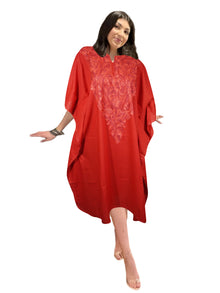 Women Red Caftan Dress Cotton Embroidered Leisure Wear, Hostess Dresses L-2X