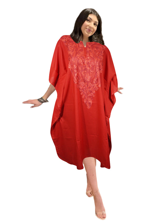 Women Red Caftan Dress Cotton Embroidered Leisure Wear, Hostess Dresses L-2X
