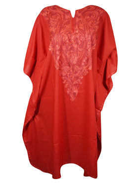 Women Red Caftan Dress Cotton Embroidered Leisure Wear, Hostess Dresses L-2X