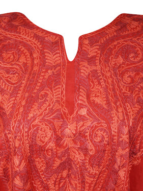 Women Red Caftan Dress Cotton Embroidered Leisure Wear, Hostess Dresses L-2X