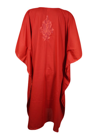 Women Red Caftan Dress Cotton Embroidered Leisure Wear, Hostess Dresses L-2X