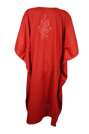 Women Red Caftan Dress, Cotton Embroidered Leisure Wear, Hostess Dresses L-2X