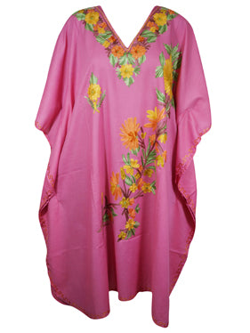 Women's Cotton Pink Embroidered Leisure Wear, Muumuu Caftan Short Dress, L-2X