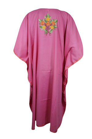 Women's Midi Dress Cotton Pink Embroidered Leisure Wear Muumuu Caftan L-2X