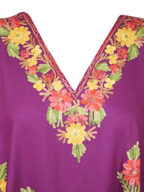 Women's Muumuu Caftan Short Dress, Purple Cotton Embroidered Leisure Wear L-2X