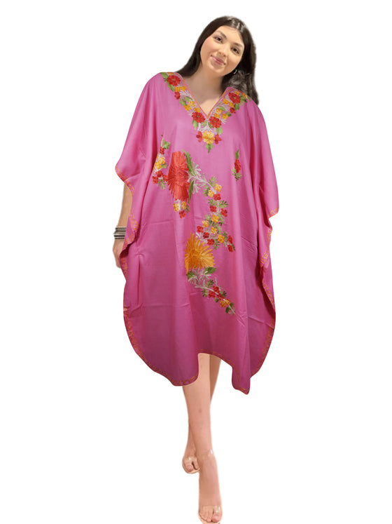 Women Cotton Embroidered Pink, Leisure Wear, Caftan Dress, Kimono Short Dress L-2X