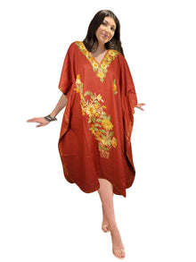  Womens Orange  Caftan Dress, Embroidered, Butterfly Sleeves, Cruise Kaftan Short Dress L-2X