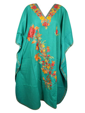 Women Caftan Dress, Cotton Embroidered Sea Green, Leisure Wear, Hostess Dresses, L-2X