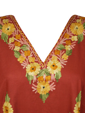 Women's Yam orange Muumuu Caftan Short Dress, Embroidered Leisure Wear Kimono Dress L-2X