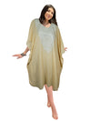 Women Midi Kaftan Dress Champagne Embroidered, Oversized Tunic, Leisure Wear L-2X