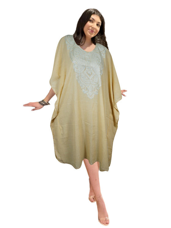 Women Midi Kaftan Dress Champagne Embroidered, Oversized Tunic, Leisure Wear L-2X