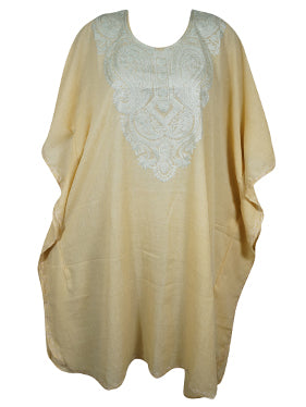 Women Midi Kaftan Dress Champagne Embroidered, Oversized Tunic, Leisure Wear L-2X