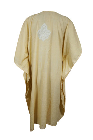 Women Midi Kaftan Dress Champagne Embroidered, Oversized Tunic, Leisure Wear L-2X