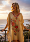 Women’s Peach Cotton Embroidered Short Caftan Dress – Kimono Style Boho Tunic, Lightweight Leisure Wear, L-2X