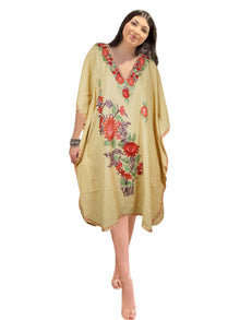  Women Cotton Embroidered Peach, Leisure Wear, Short Caftan Dress, Kimono Dresses L-2X