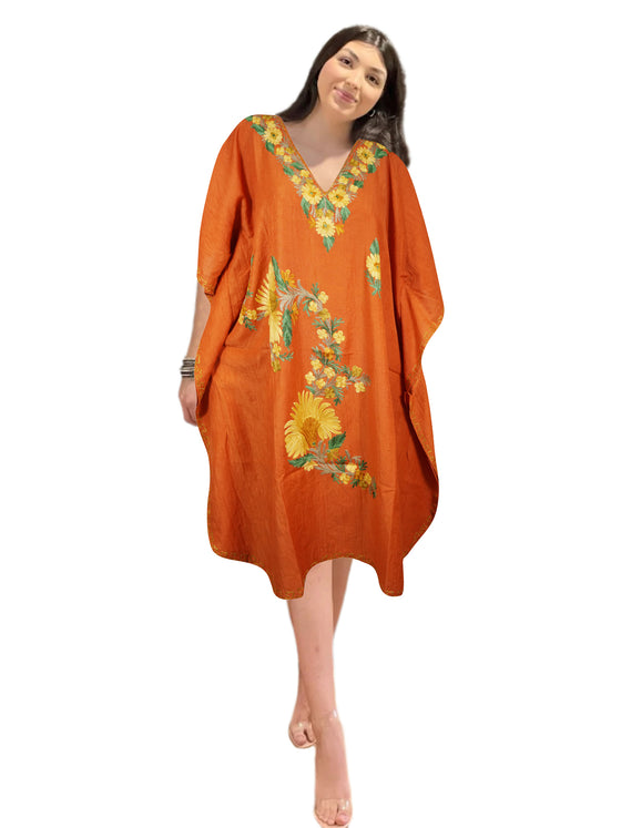 Womens Orange Caftan Dress, Embroidered, Butterfly Sleeves, Cruise Kaftan Short Dress L-2X