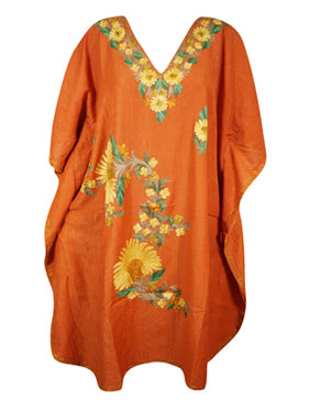 Womens Orange Caftan Dress, Embroidered, Butterfly Sleeves, Cruise Kaftan Short Dress L-2X
