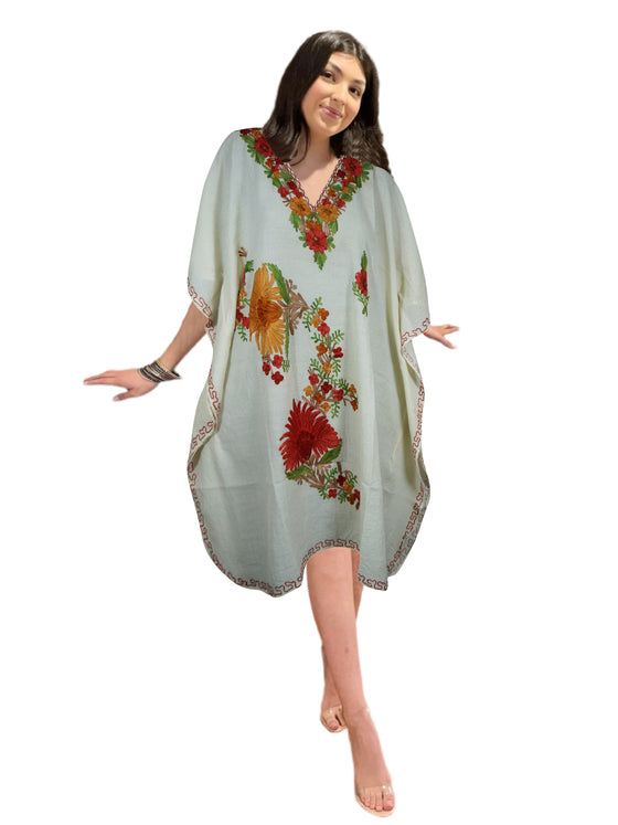 White Embroidered Kaftan Dress Resort Wear Leisure Wear, Kimono Dresses, L-2X