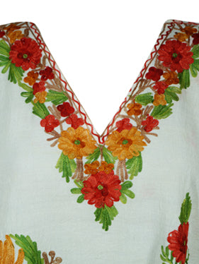 White Embroidered Kaftan Dress Resort Wear Leisure Wear, Kimono Dresses, L-2X