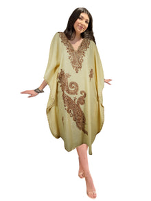  Womens Lemoncello Caftan Dress, Cotton, Embroidered Oversized Tunic Dresses L-2X