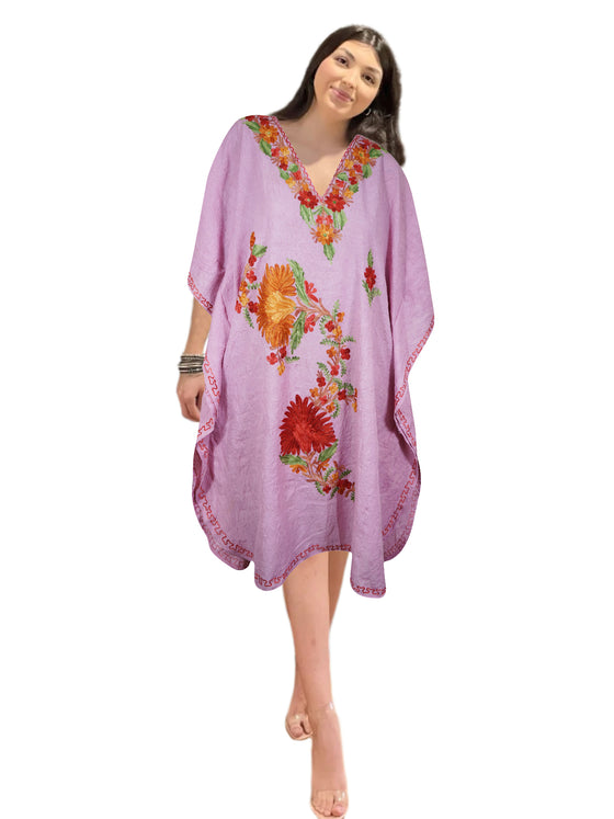 Women Midi Kaftan Dress Pink Cotton Embroidered, Oversized Tunic, Leisure Wear L-2X
