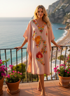 Women’s Pink Embroidered Caftan Dress with Butterfly Sleeves | Short Cruise Kaftan L-2X