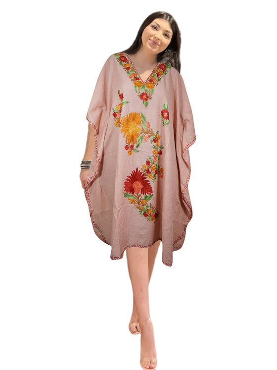 Womens Pink Caftan Dress, Embroidered, Butterfly Sleeves, Cruise Kaftan Short Dress L-2X
