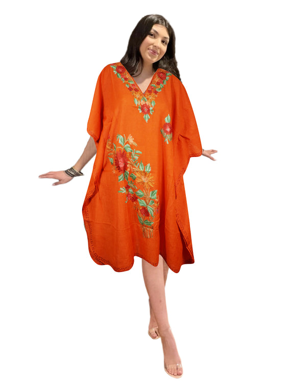 Womens Orange Caftan Dress, Cotton Embroidered Leisure Wear, Hostess Dresses, L-2X
