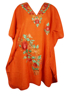 Women Orange Caftan Dress, Cotton Embroidered Leisure Wear, Hostess Dresses, L-2X