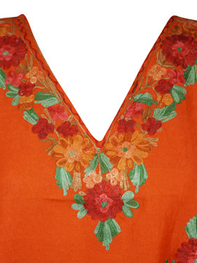 Womens Orange Caftan Dress, Cotton Embroidered Leisure Wear, Hostess Dresses, L-2X